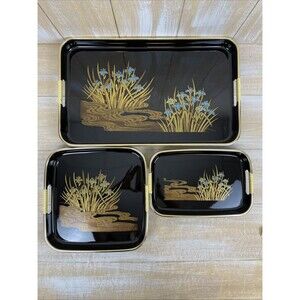 Vintage 3 Pc Nesting Serving Tray Set Lacquerware Iris Black & Gold Toyo Japan